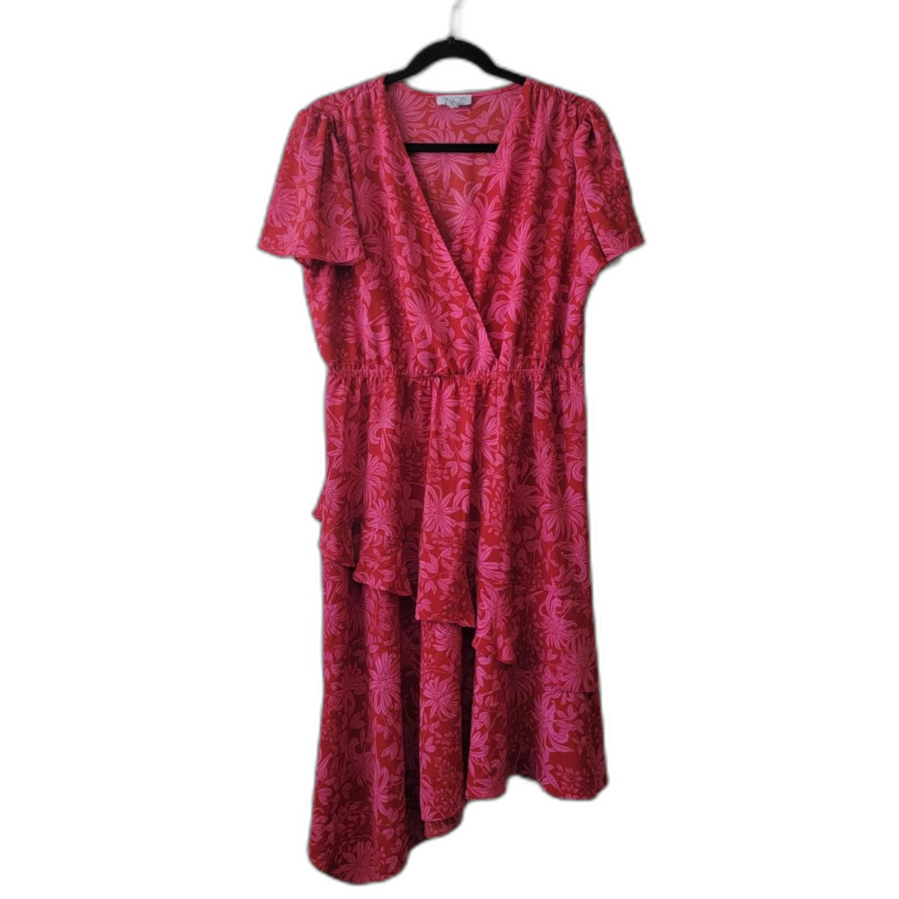 Sofia Vergara Pink Floral Midi Dress Ruffle Detail Size L Coquette
